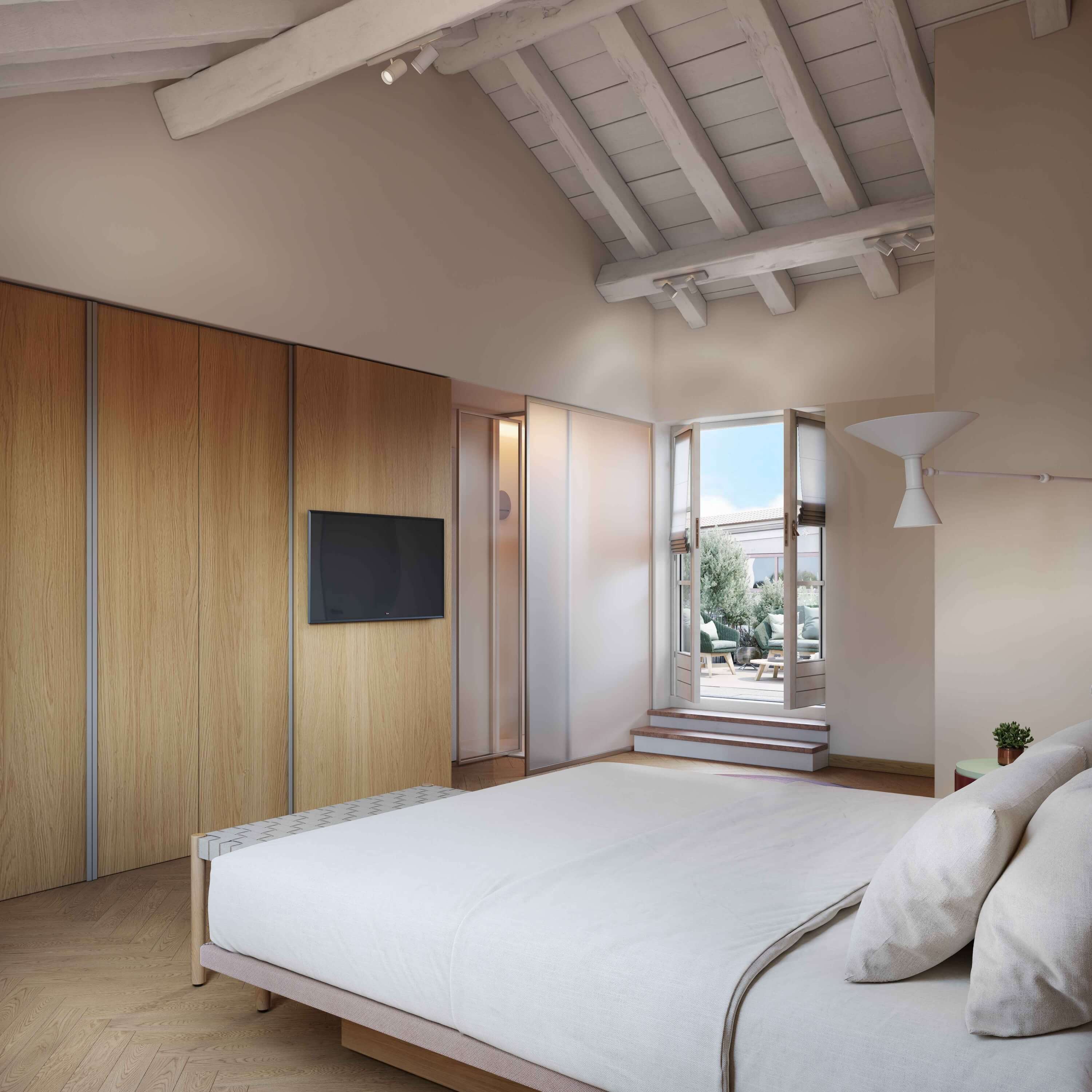 Modern minimalist bedroom with a king-size bed, natural light, light wood accents, and a serene ambiance.